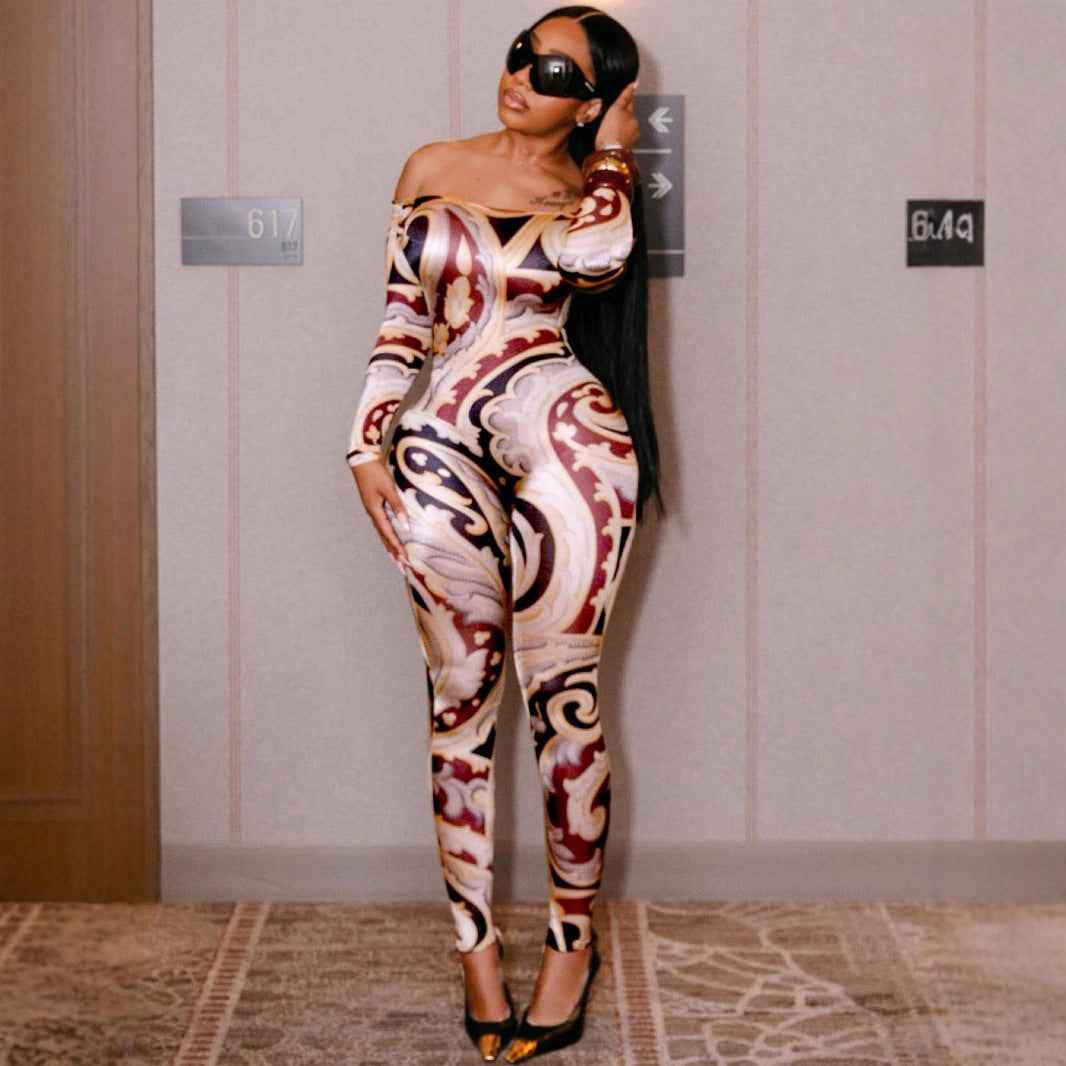 Sexy Print Off-shoulder Cinched Bodycon One-piece Trousers
