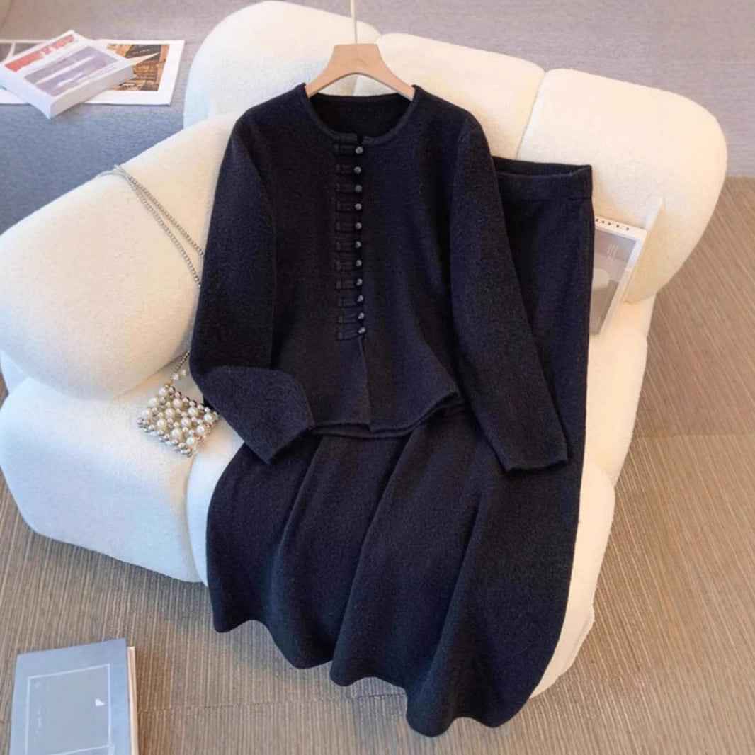Damenmode Chinesischer Stil Kleid Set aus solidem Farbigen Material – Midikleid mit Sweater-Set