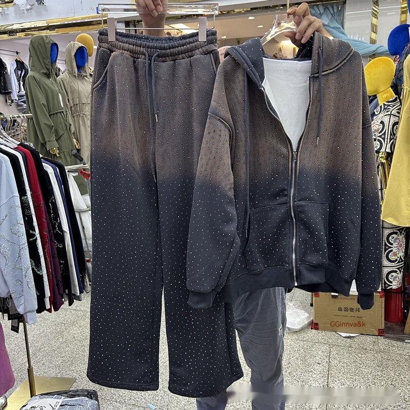 Hooded Loose Long Sleeves Zipper Jacket Elastic Waist Pants Suit