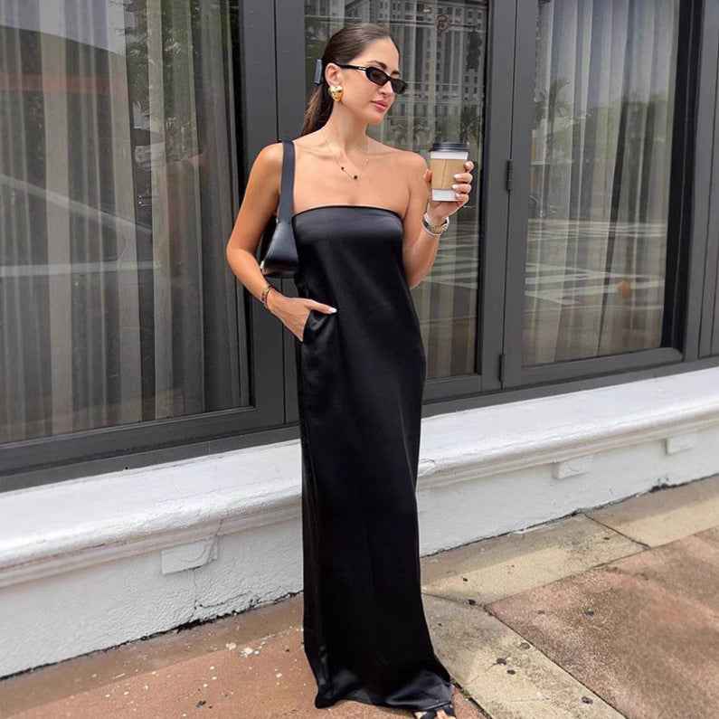 Fashionable Simple Satin Tube Top Dress For Women