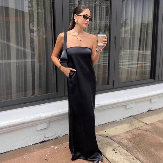 Fashionable Simple Satin Tube Top Dress For Women