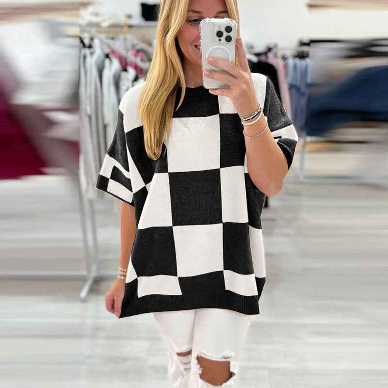 Women's European American Simple Versatile Pullover Round Neck Half Sleeve Sweater
