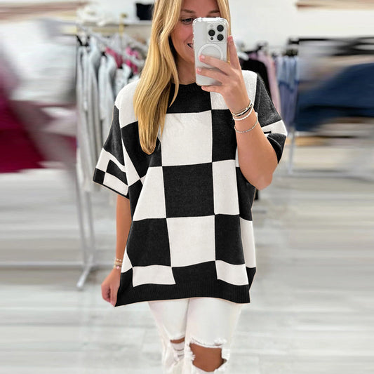 Women's European American Simple Versatile Pullover Round Neck Half Sleeve Sweater