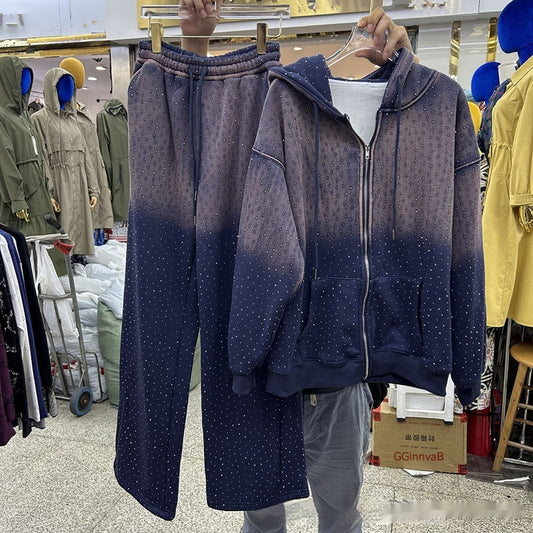 Hooded Loose Long Sleeves Zipper Jacket Elastic Waist Pants Suit