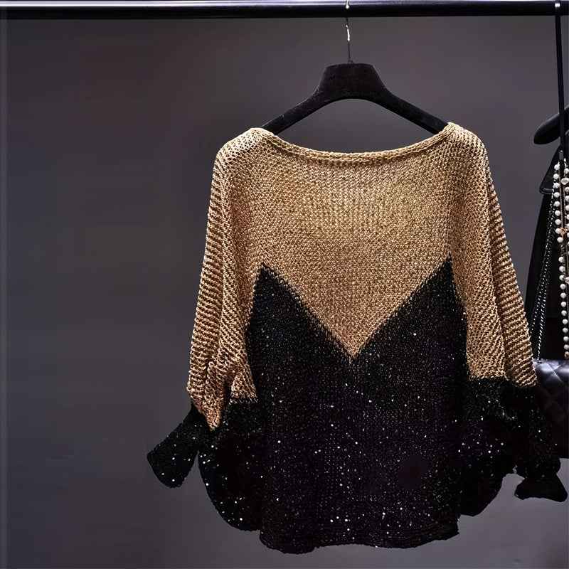 Women's Color-Block Batwing Sleeve Top, Loose Fit Round Neck Knit Sweater For Spring And Fall