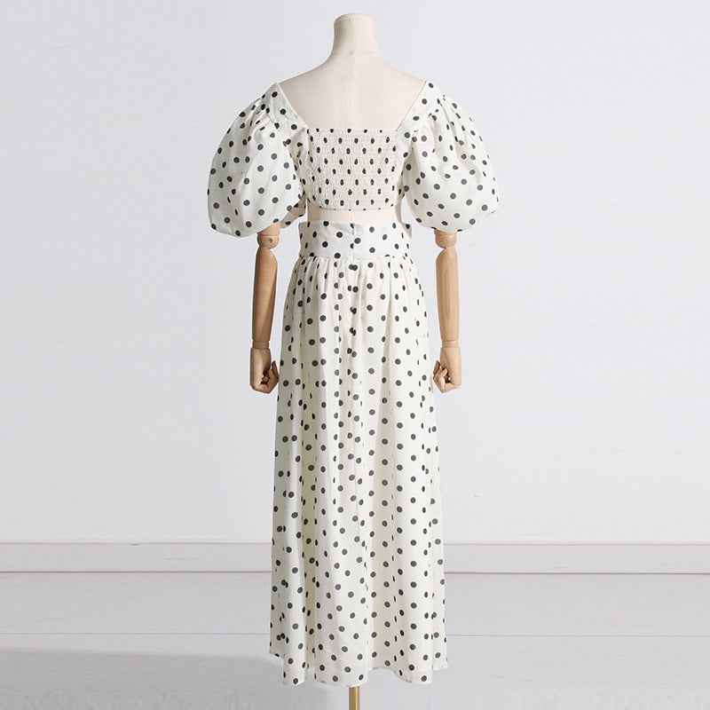 Woman Square-neck Puff Sleeve Top High Waist Slit Polka Dot Printed Dress Suit