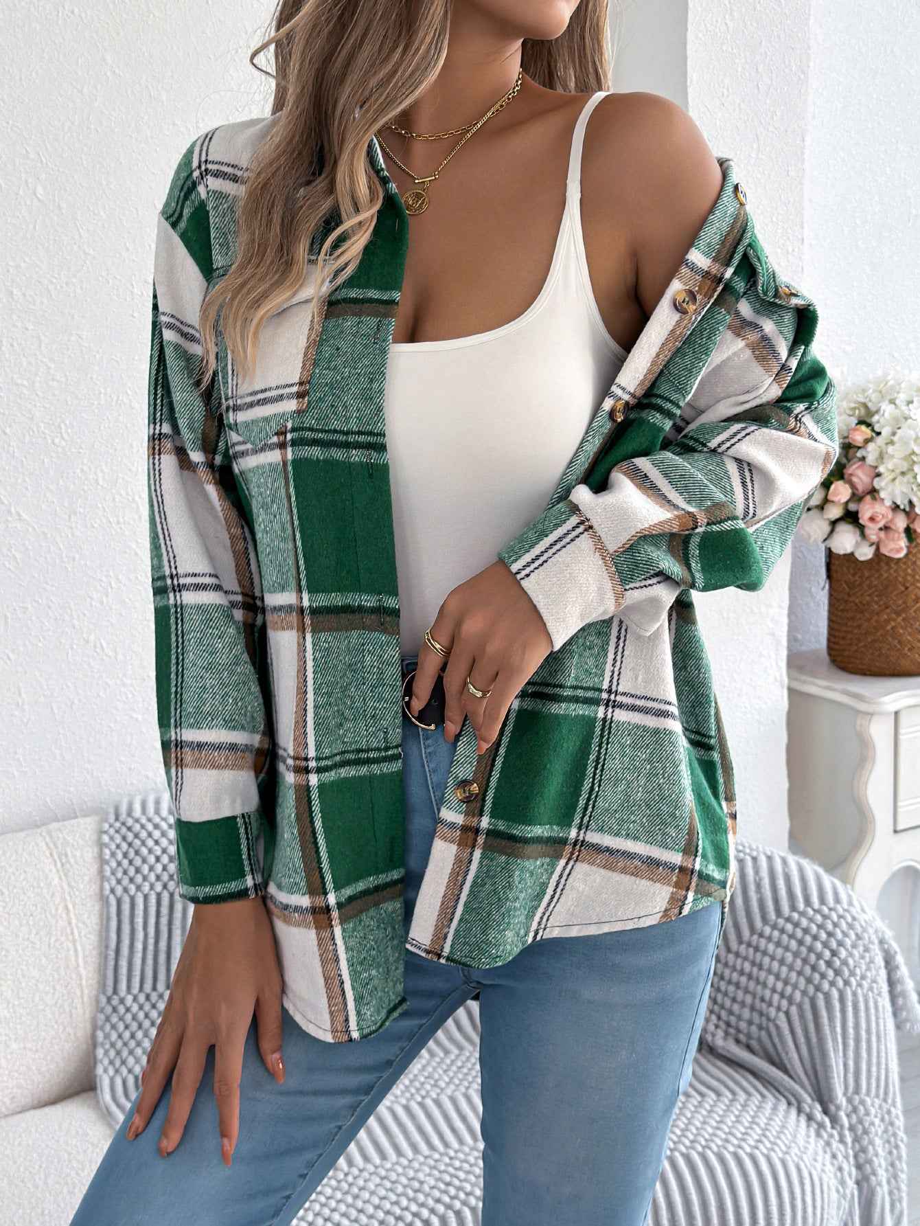 Women's Casual Plaid Woolen Mid-length Coat