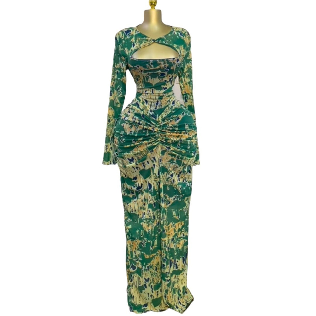 Printed Long Sleeve Hollow-out Pleated High Waist Sexy Vacation Dress Long Dress