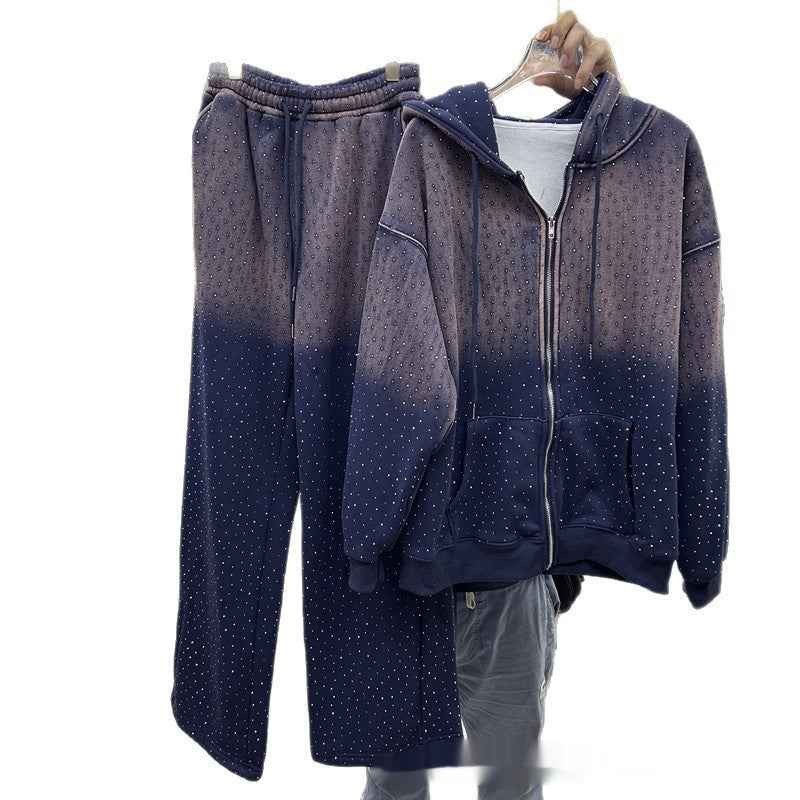 Hooded Loose Long Sleeves Zipper Jacket Elastic Waist Pants Suit