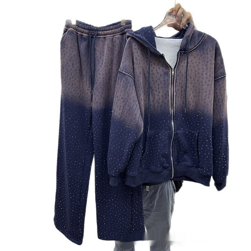 Hooded Loose Long Sleeves Zipper Jacket Elastic Waist Pants Suit