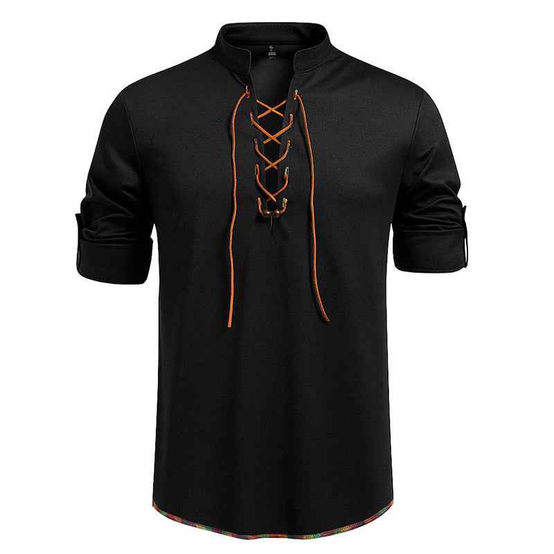 Drawstring Design Men's Stand-up Collar Long Sleeve T-shirt