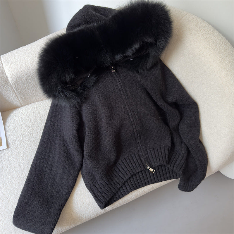 Spring Coat Women's Zipper Real Fox Fur Collar Hooded