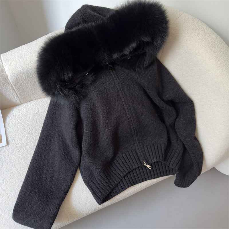 Spring Coat Women's Zipper Real Fox Fur Collar Hooded
