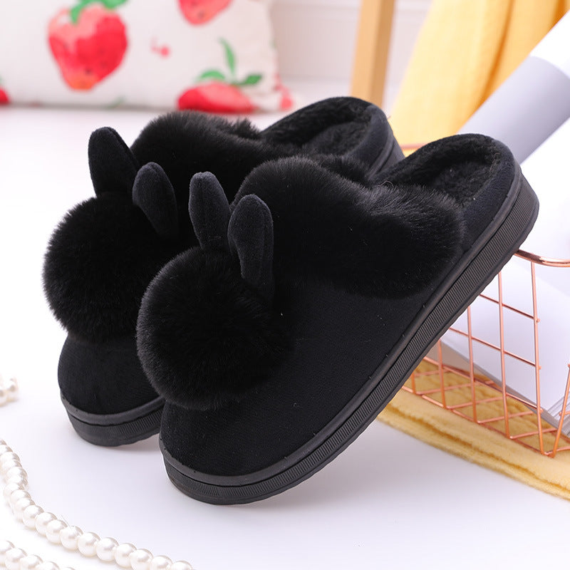 Cute Cartoon Ball Ball Rabbit Ears Women's Home Cotton Slippers Couple Plush Cotton Slippers