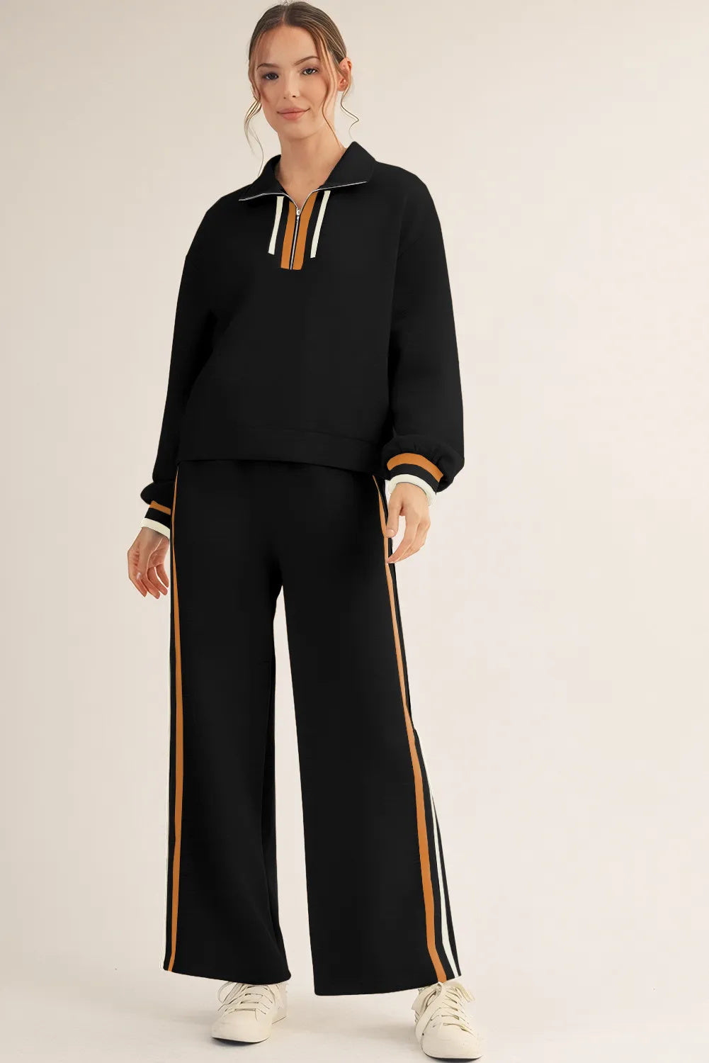 Black Striped Patchwork Quarter Zip Pullover Loose Pant Set