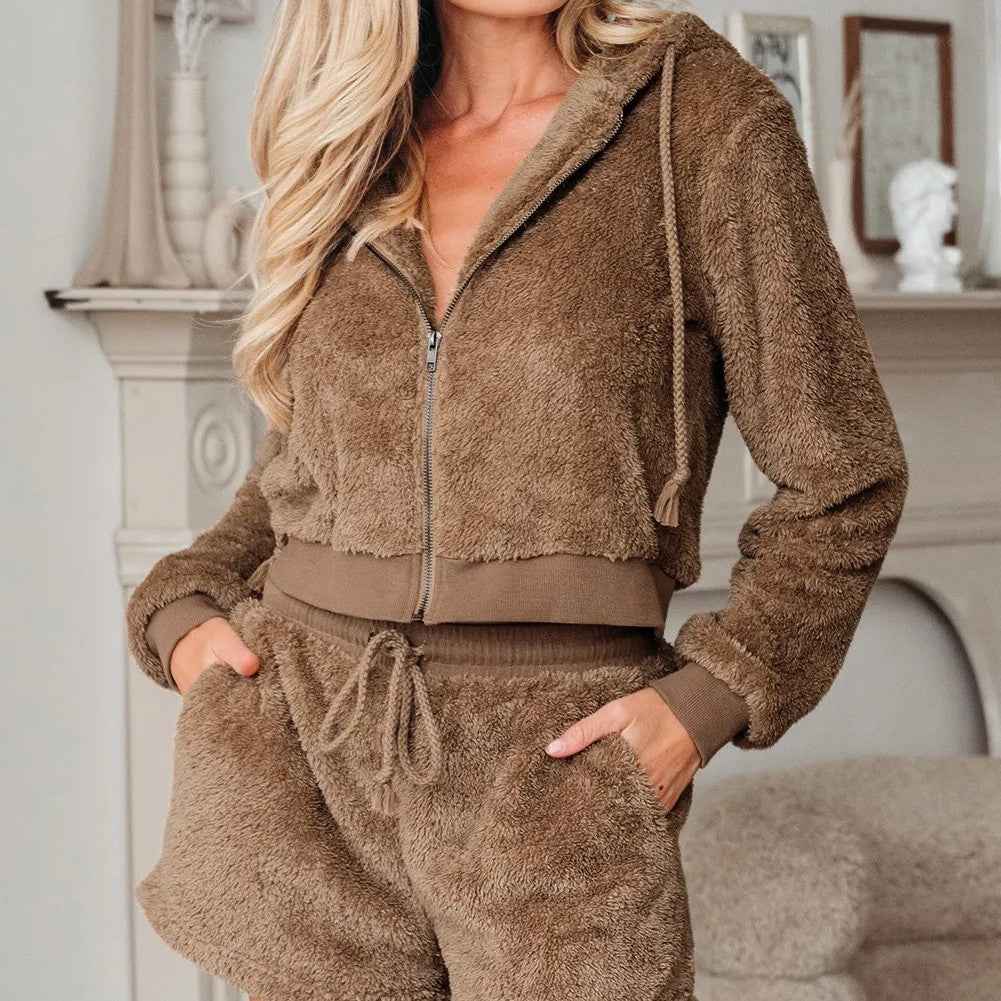 Parchment Zip Up Hoodie Drawstring Shorts Sherpa 2pcs Outfit