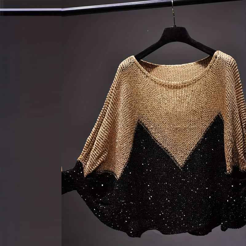 Women's Color-Block Batwing Sleeve Top, Loose Fit Round Neck Knit Sweater For Spring And Fall