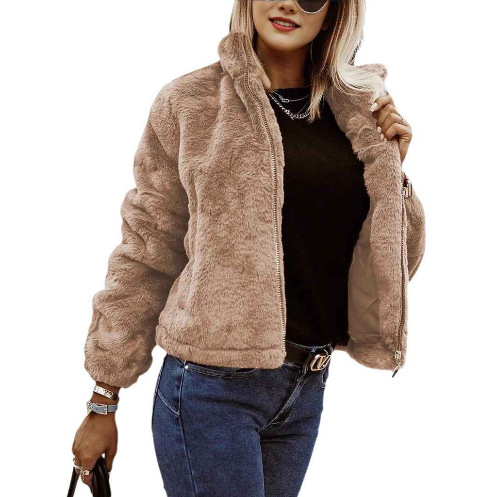 Summer Rabbit Fur Faux Leather Zipper Cardigan Plush Warm Coat