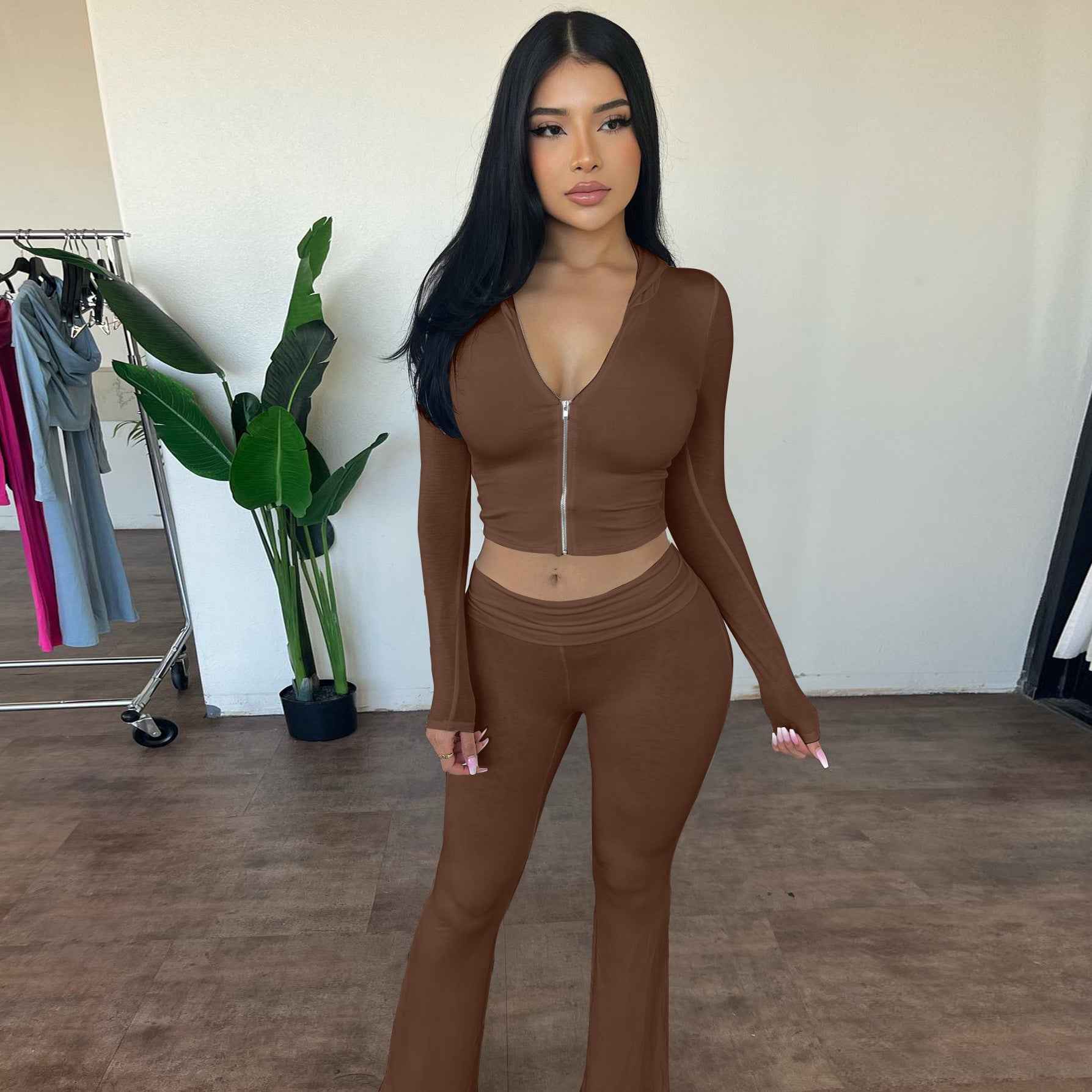 Damen Sets mit Langarm-Hoodie und Flared Pants - Kapuzenoberteil mit Reißverschluss und passender Hose