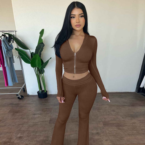 Damen Sets mit Langarm-Hoodie und Flared Pants - Kapuzenoberteil mit Reißverschluss und passender Hose