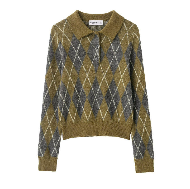 Women's Notched Lapel Long-sleeve Buttoned Diamond-patterned Knitted Sweater