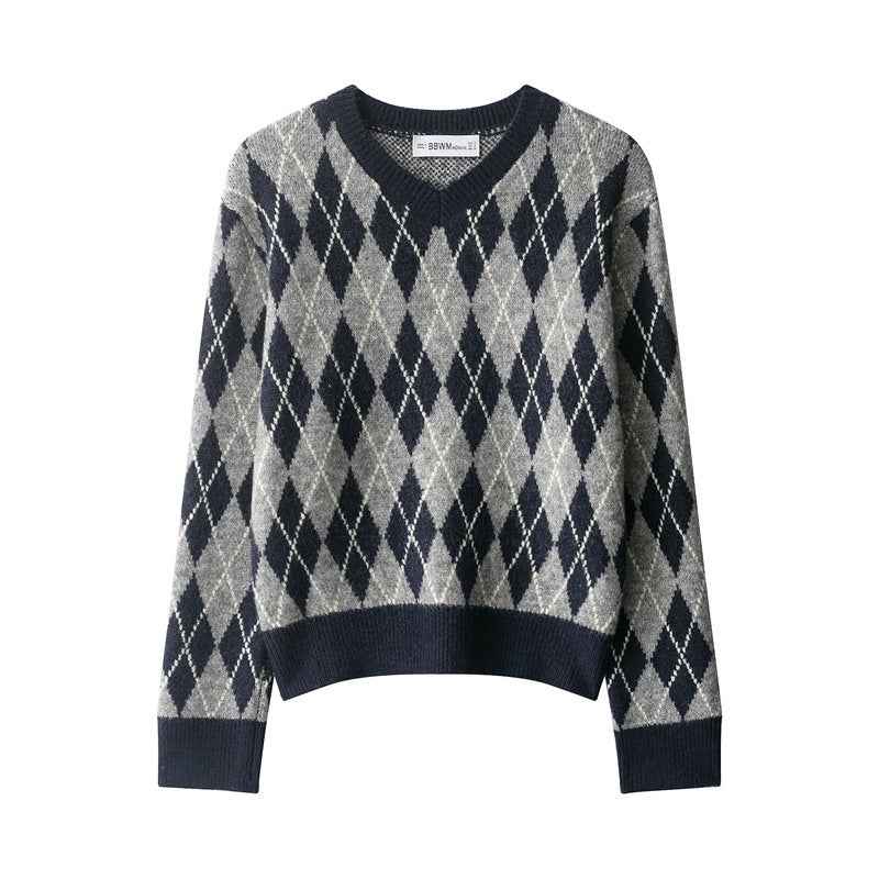 Fashion Diamond Pattern Knit Sweater For Women