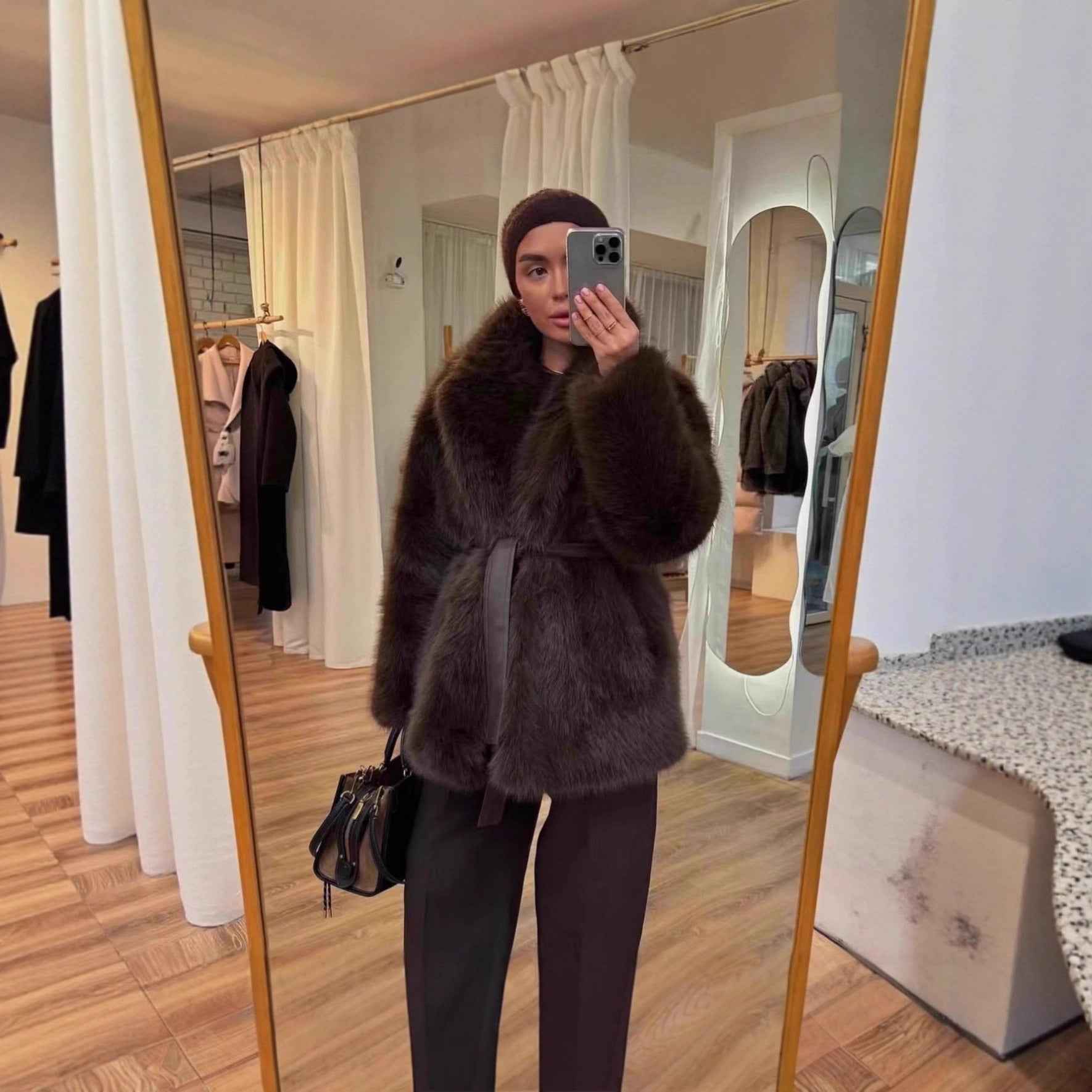 With Belt Artificial Wool Coat Mid-length