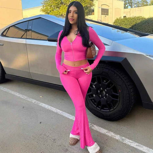 Damen Sets mit Langarm-Hoodie und Flared Pants - Kapuzenoberteil mit Reißverschluss und passender Hose