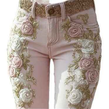 Damen Vintage Jeans mit Rosenstickerei - Elegante rosa kreative Kunst-Jeans