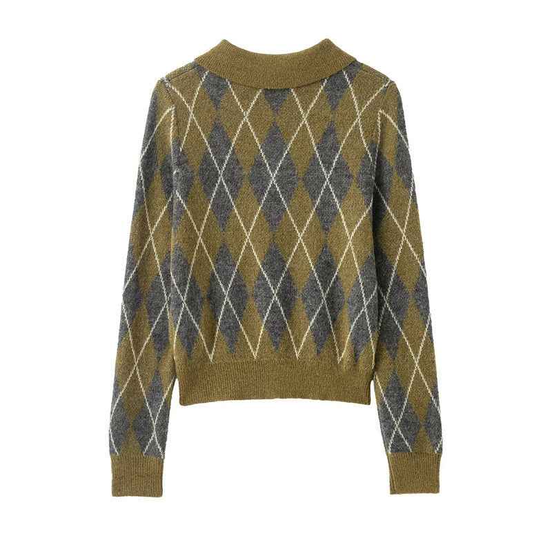 Women's Notched Lapel Long-sleeve Buttoned Diamond-patterned Knitted Sweater