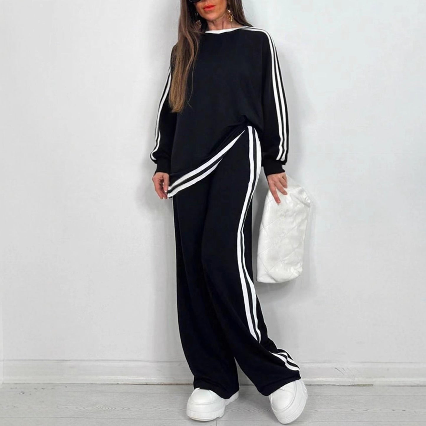 Casual Striped Trousers Long Sleeve Round Neck Suit