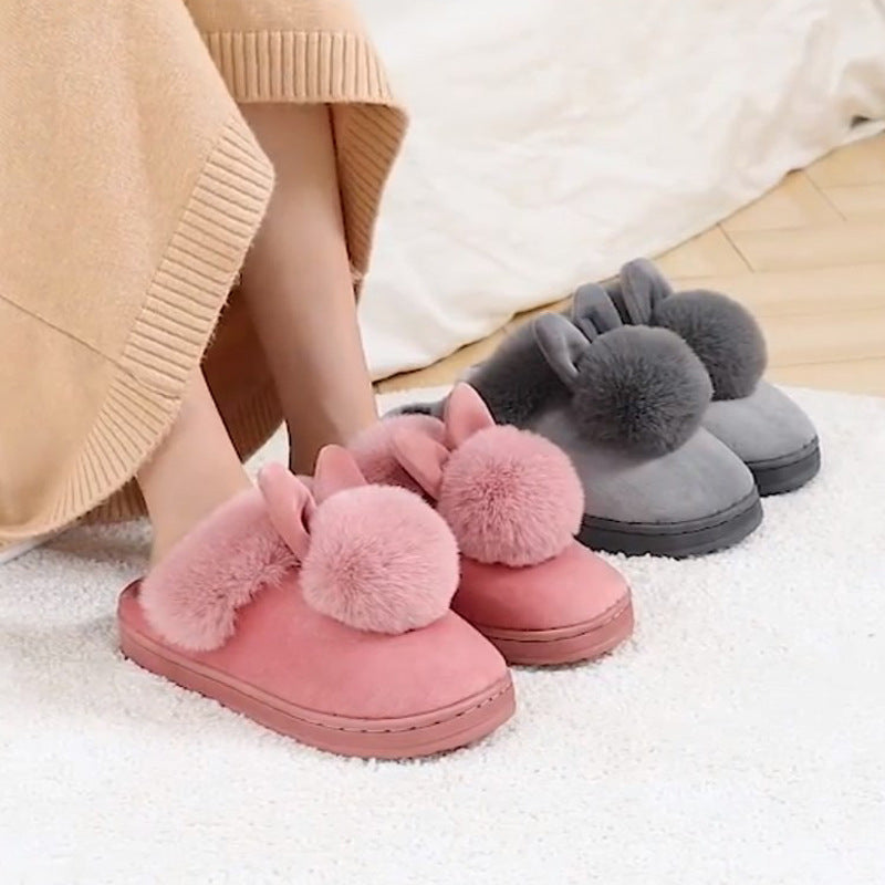 Cute Cartoon Ball Ball Rabbit Ears Women's Home Cotton Slippers Couple Plush Cotton Slippers