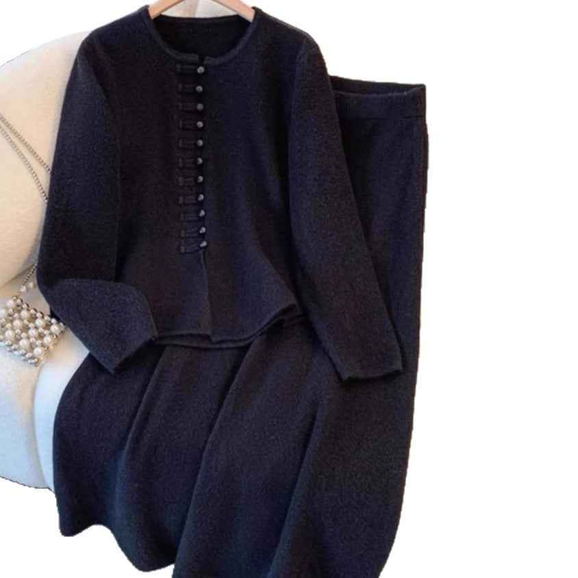 Damenmode Chinesischer Stil Kleid Set aus solidem Farbigen Material – Midikleid mit Sweater-Set