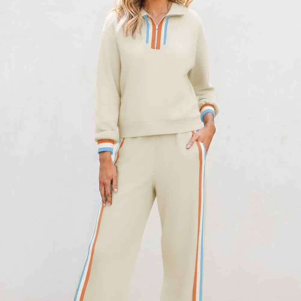 Apricot Striped Patchwork Quarter Zip Pullover Loose Pant Set