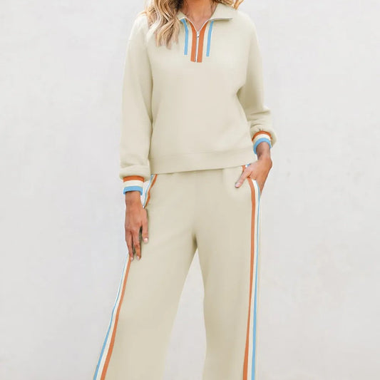 Apricot Striped Patchwork Quarter Zip Pullover Loose Pant Set