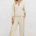 Apricot Striped Patchwork Quarter Zip Pullover Loose Pant Set