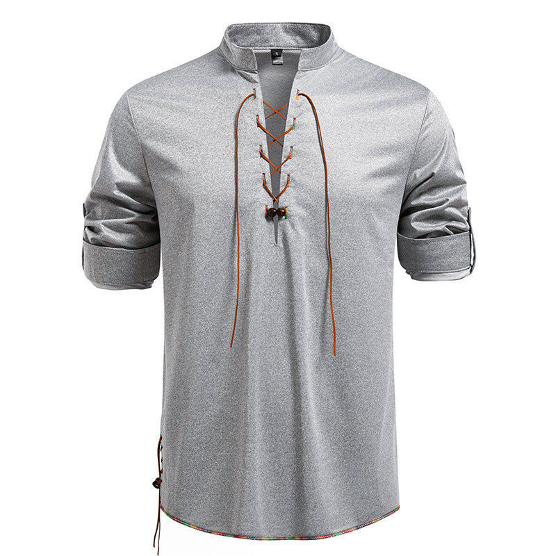 Drawstring Design Men's Stand-up Collar Long Sleeve T-shirt