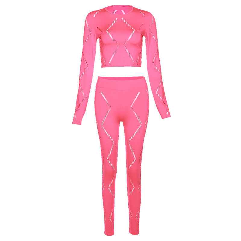 Women's Hollow-out Ripped High Waist Tight Pants Casual Sports Suit