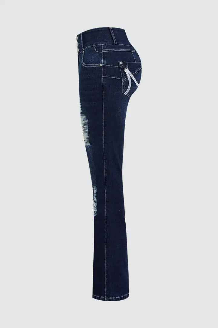 Women's Ripped Wide Leg Jeans, High Waisted Flare Fit With Distressed Details And Button Fly, Casual Stretch Denim Pants