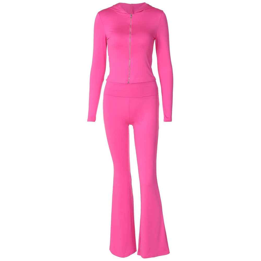 Damen Sets mit Langarm-Hoodie und Flared Pants - Kapuzenoberteil mit Reißverschluss und passender Hose