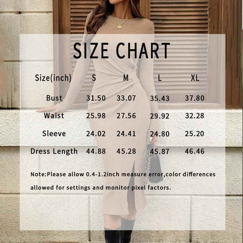 Damen Casual Midi Kleid mit Twist-Front, langen Ärmeln, Rundhals und Schlitzsaum