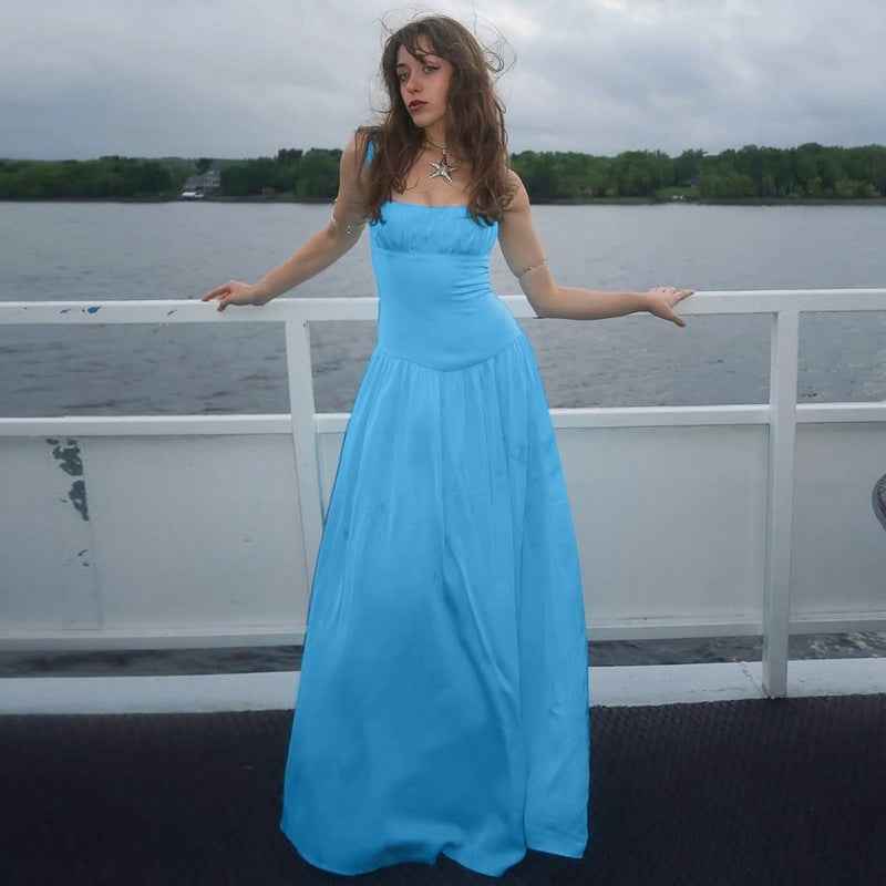 Off-neck Pleated Stitching High Waist Slimming Solid Color Sling Dress