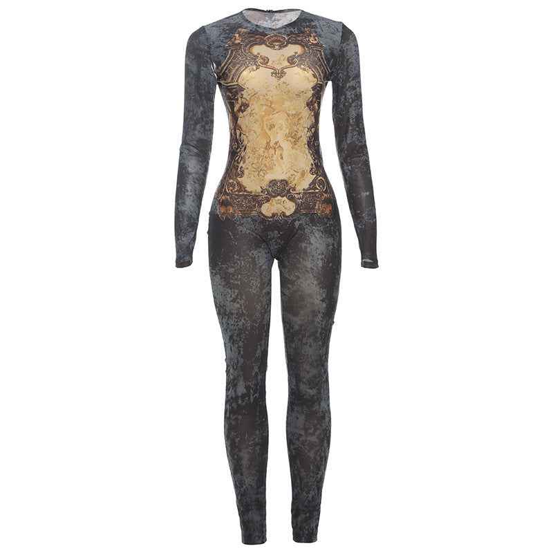 Women's Printed Sexy Mesh High Waist Slim-fit Zipper Long-sleeved Jumpsuit