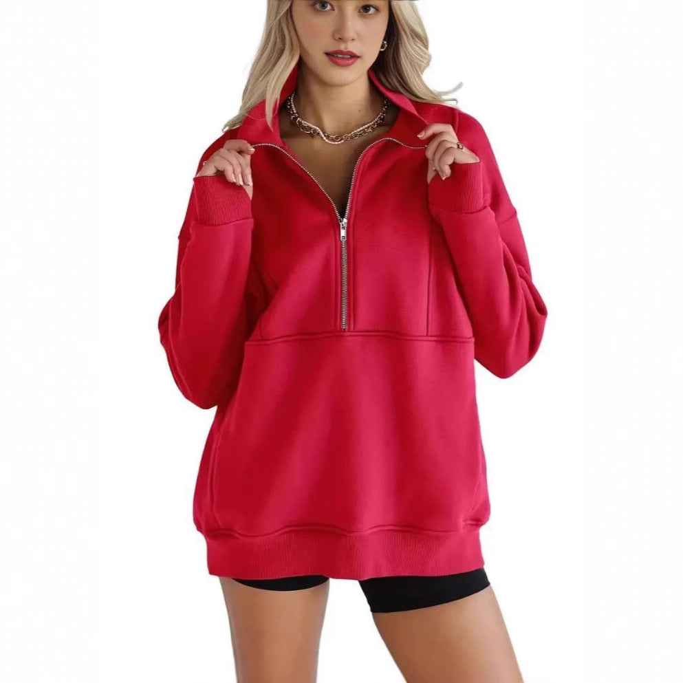 Zipper Patchwork Pocket Brushed Hoody Women's Loose