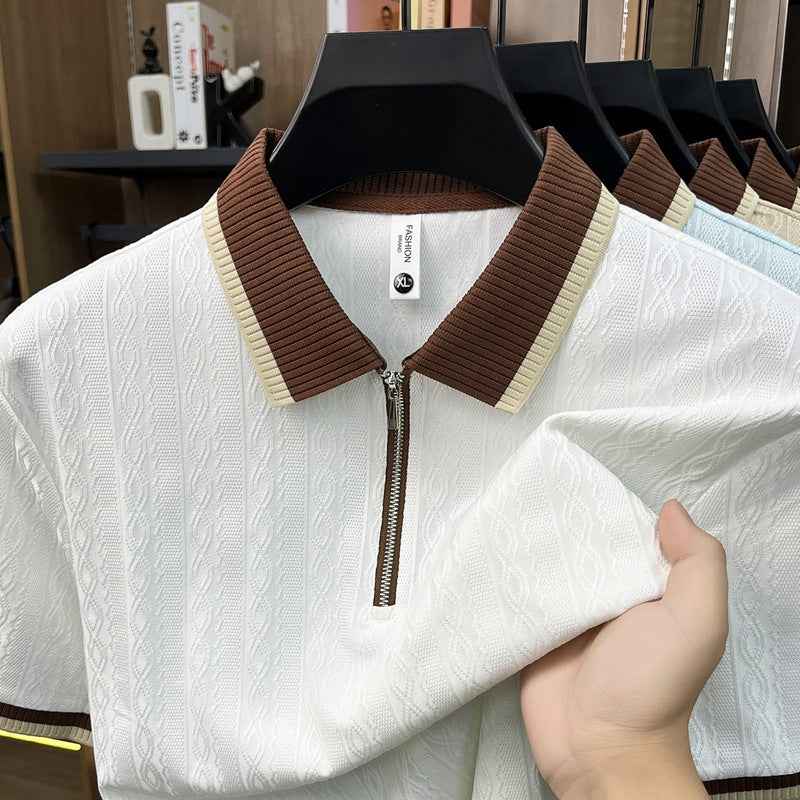 Fashionable Zippered Lapel Short-Sleeve Polo Shirt