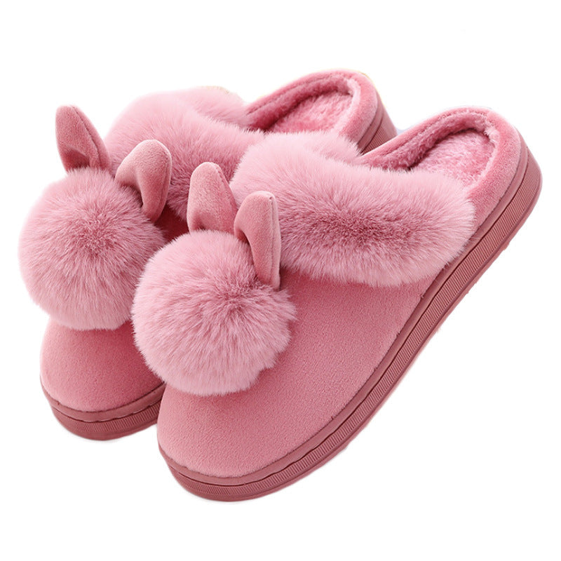Cute Cartoon Ball Ball Rabbit Ears Women's Home Cotton Slippers Couple Plush Cotton Slippers