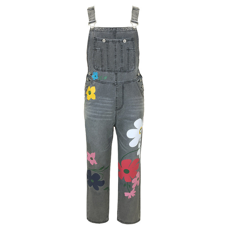 Women's Classic Denim Overalls - High-Waisted Loose Fit Straight Leg Jumpsuit With Unique Print Design