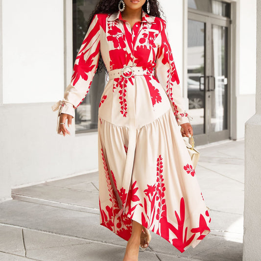 Long Sleeve Printing Lapel Irregular Loose Dress