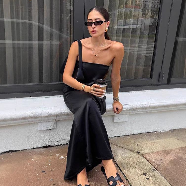 Fashionable Simple Satin Tube Top Dress For Women