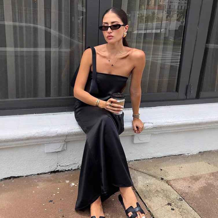Fashionable Simple Satin Tube Top Dress For Women